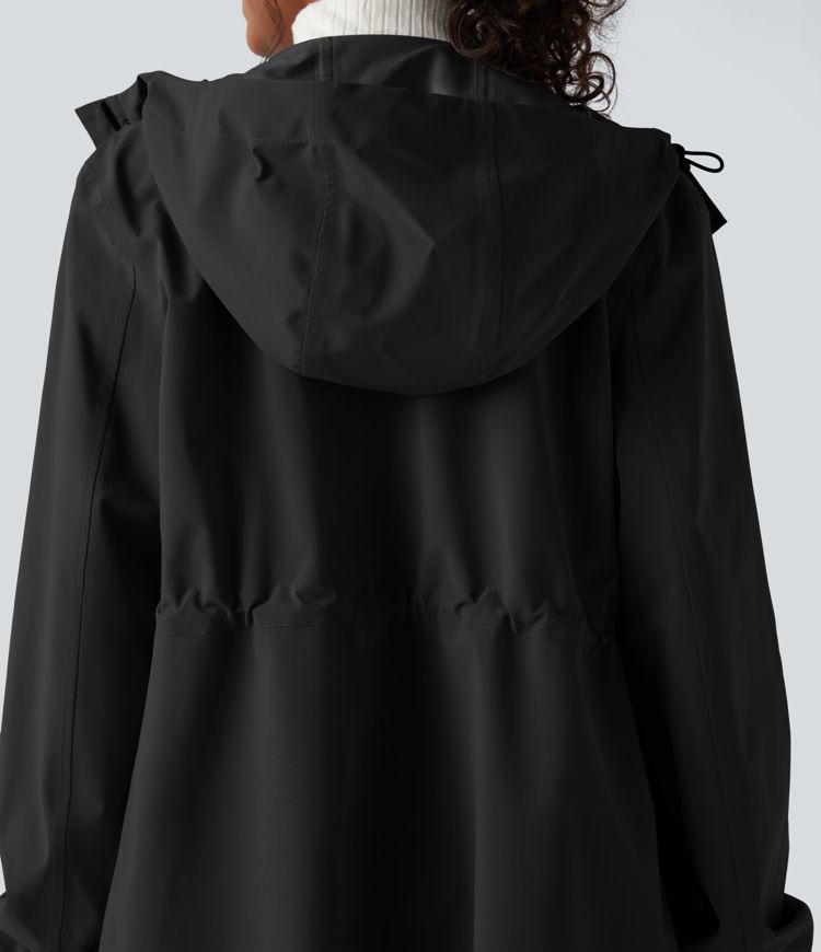 Waterproof Hooded Long Sleeve Longline Casual Jacket with Pockets