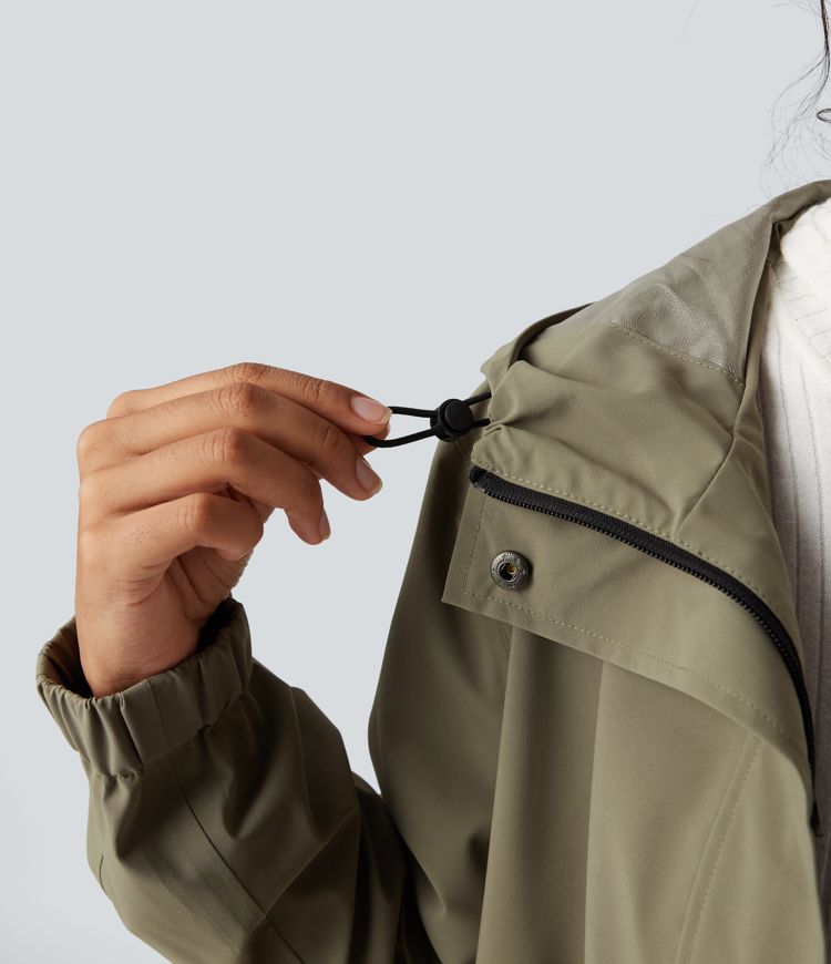 Waterproof Hooded Long Sleeve Longline Casual Jacket with Pockets