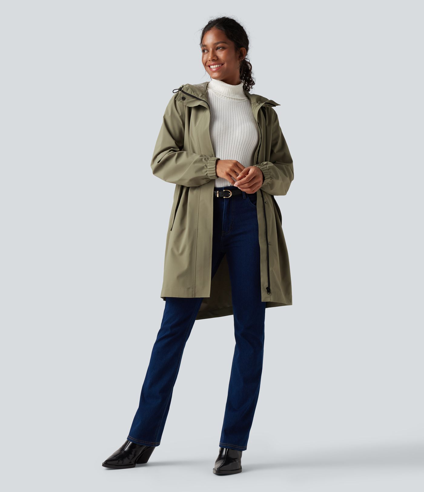 Waterproof Hooded Long Sleeve Longline Casual Jacket with Pockets