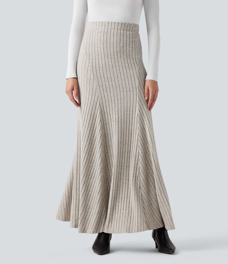 Ribbed Knit High-waisted Maxi Casual A-line Skirt