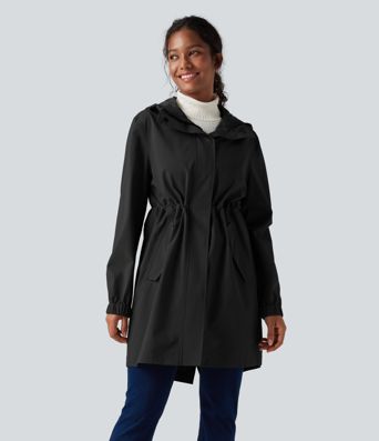 Waterproof Hooded Long Sleeve Longline Casual Jacket with Pockets