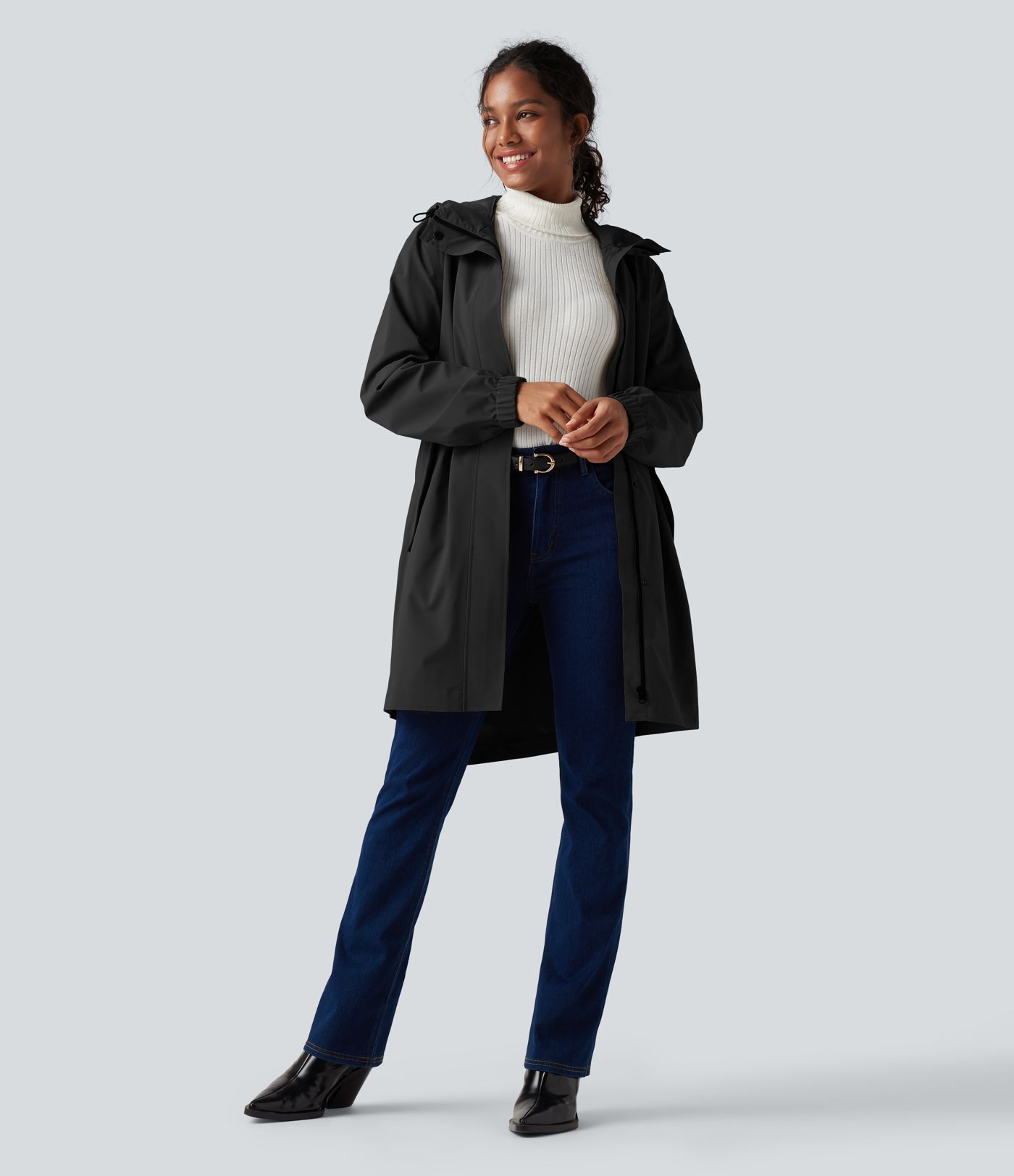 Waterproof Hooded Long Sleeve Longline Casual Jacket with Pockets