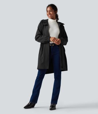 Waterproof Hooded Long Sleeve Longline Casual Jacket with Pockets