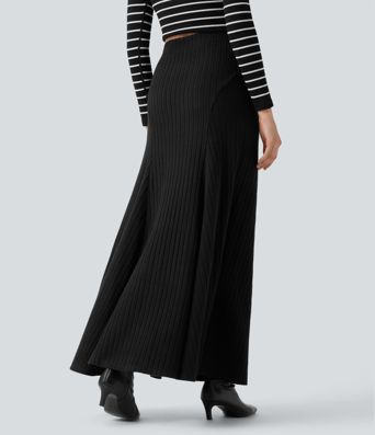 Ribbed Knit High-waisted Maxi Casual A-line Skirt