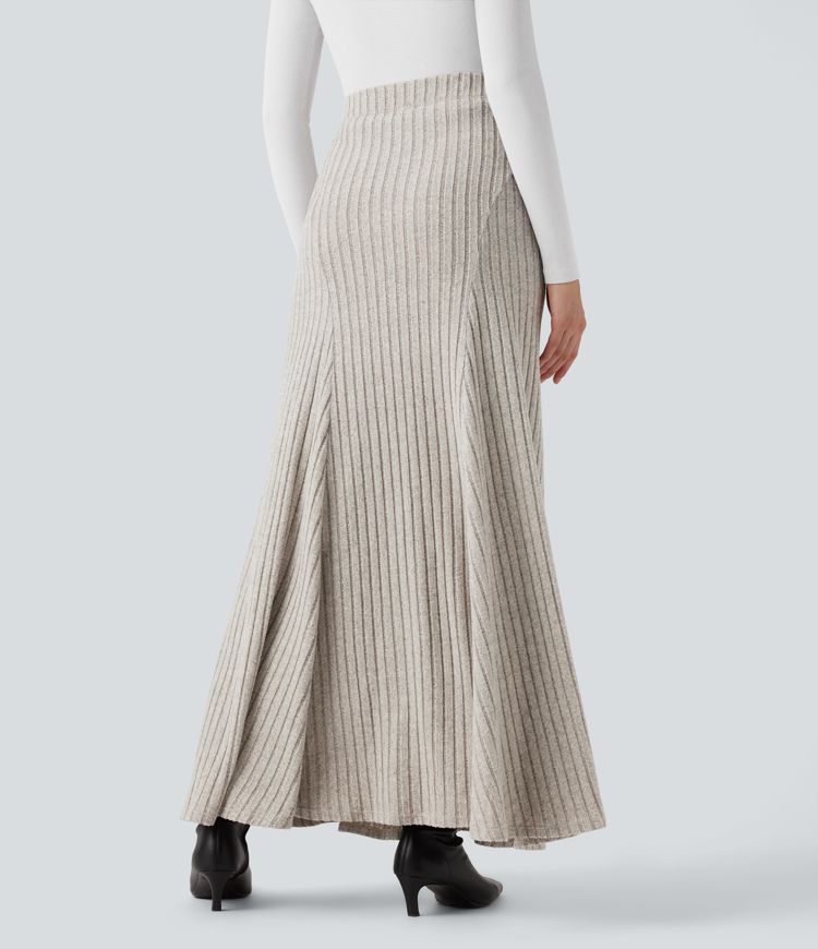 Ribbed Knit High-waisted Maxi Casual A-line Skirt