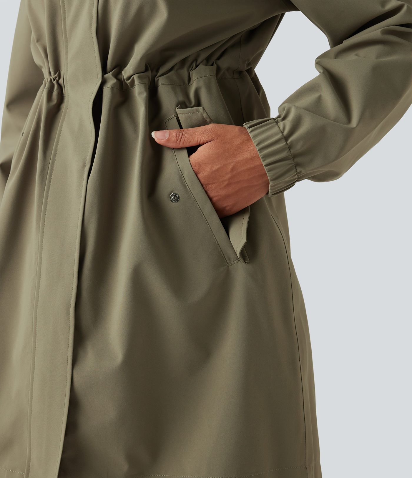 Waterproof Hooded Long Sleeve Longline Casual Jacket with Pockets