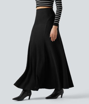Ribbed Knit High-waisted Maxi Casual A-line Skirt