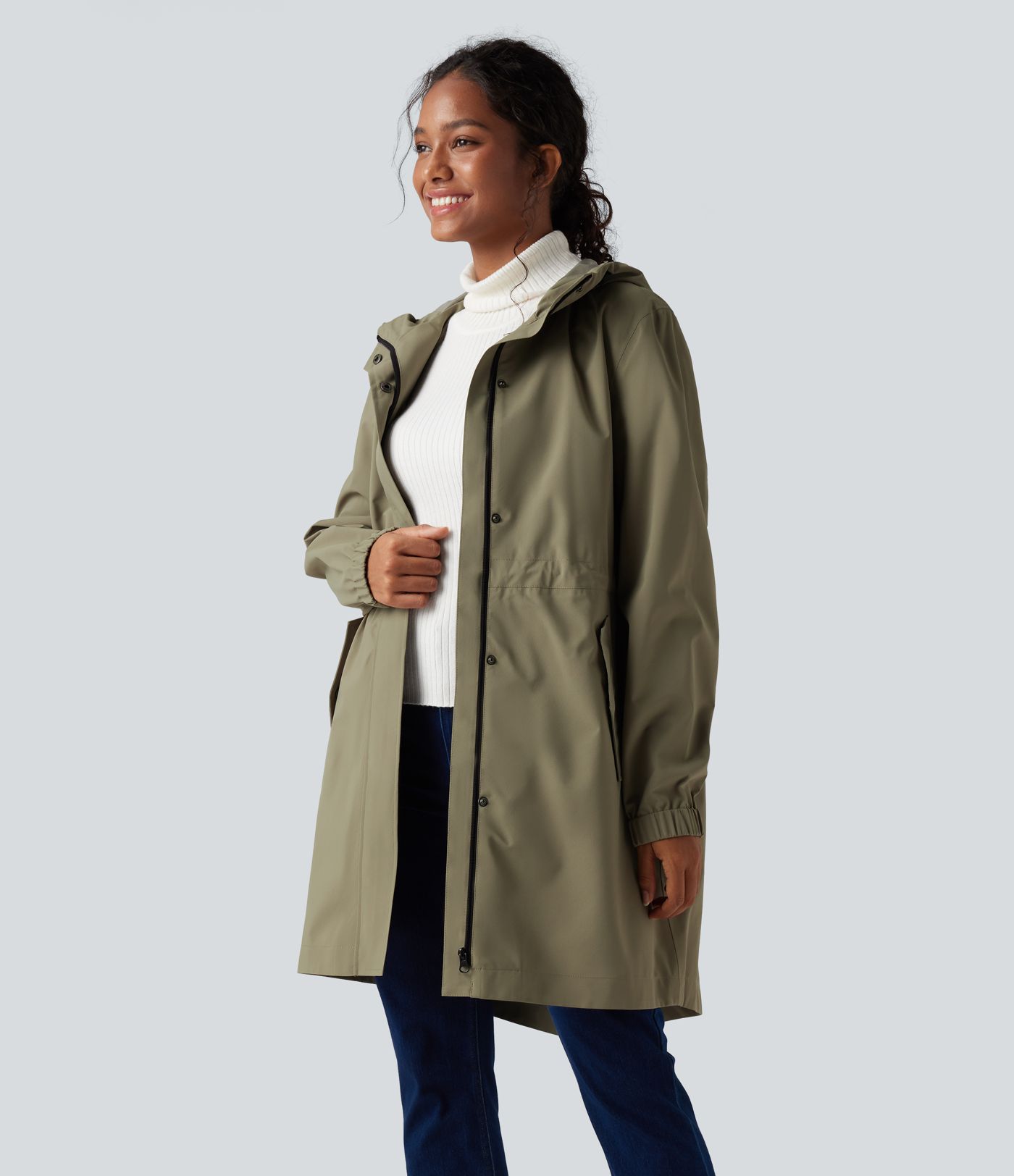 Waterproof Hooded Long Sleeve Longline Casual Jacket with Pockets