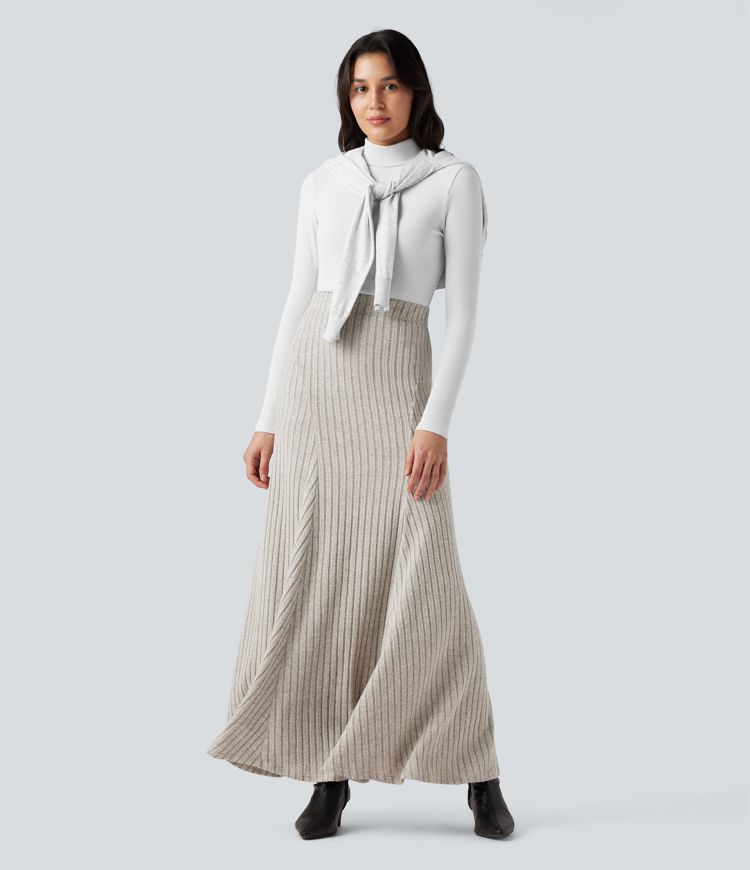 Ribbed Knit High-waisted Maxi Casual A-line Skirt