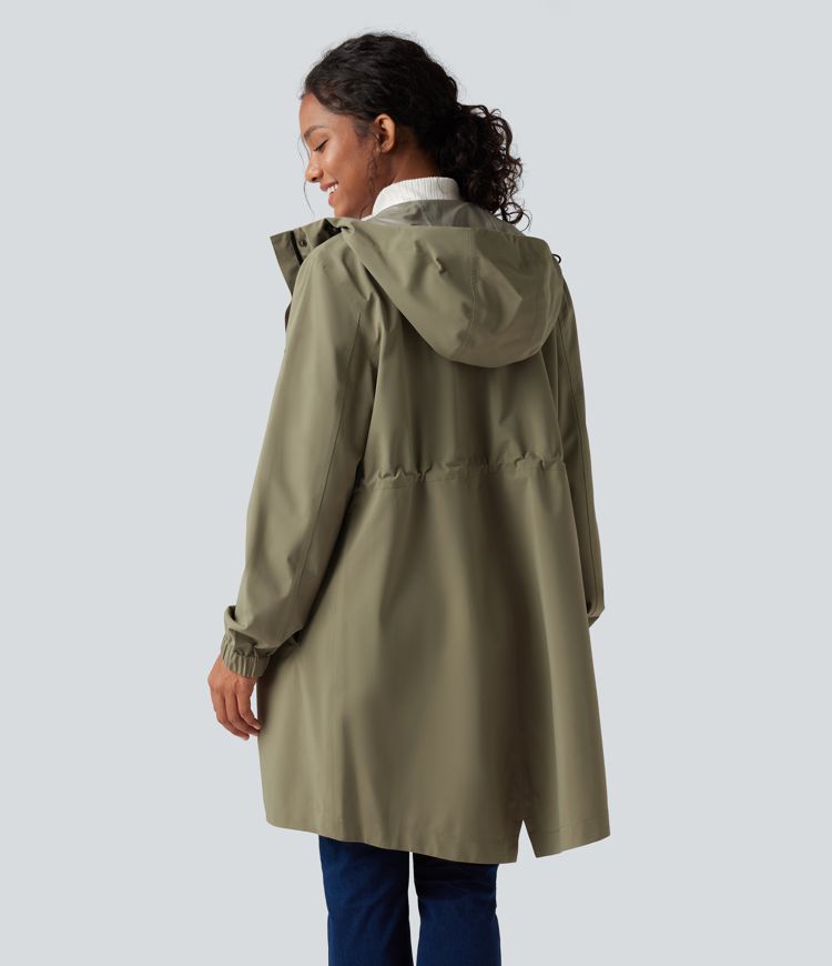 Waterproof Hooded Long Sleeve Longline Casual Jacket with Pockets