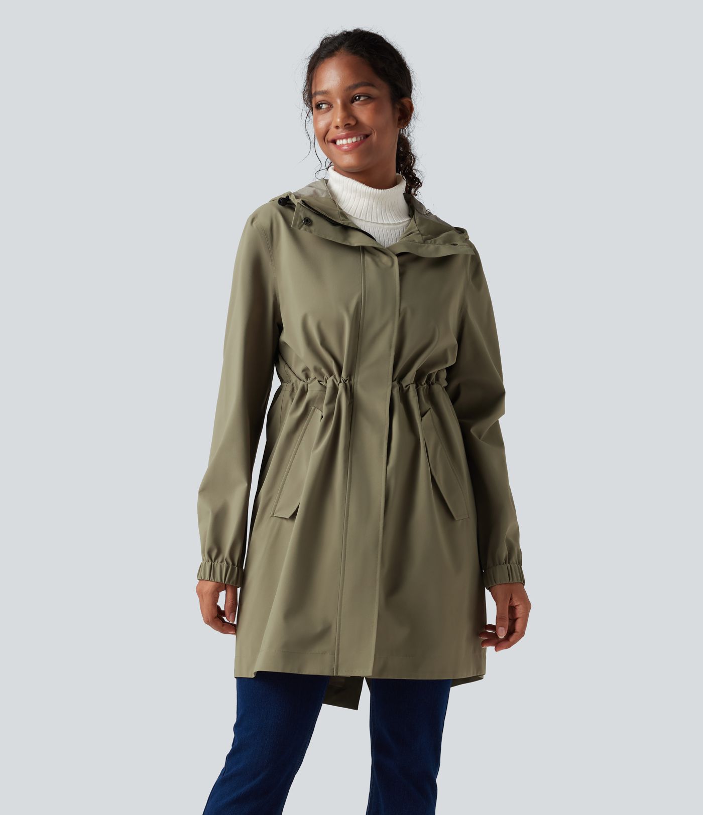 Waterproof Hooded Long Sleeve Longline Casual Jacket with Pockets