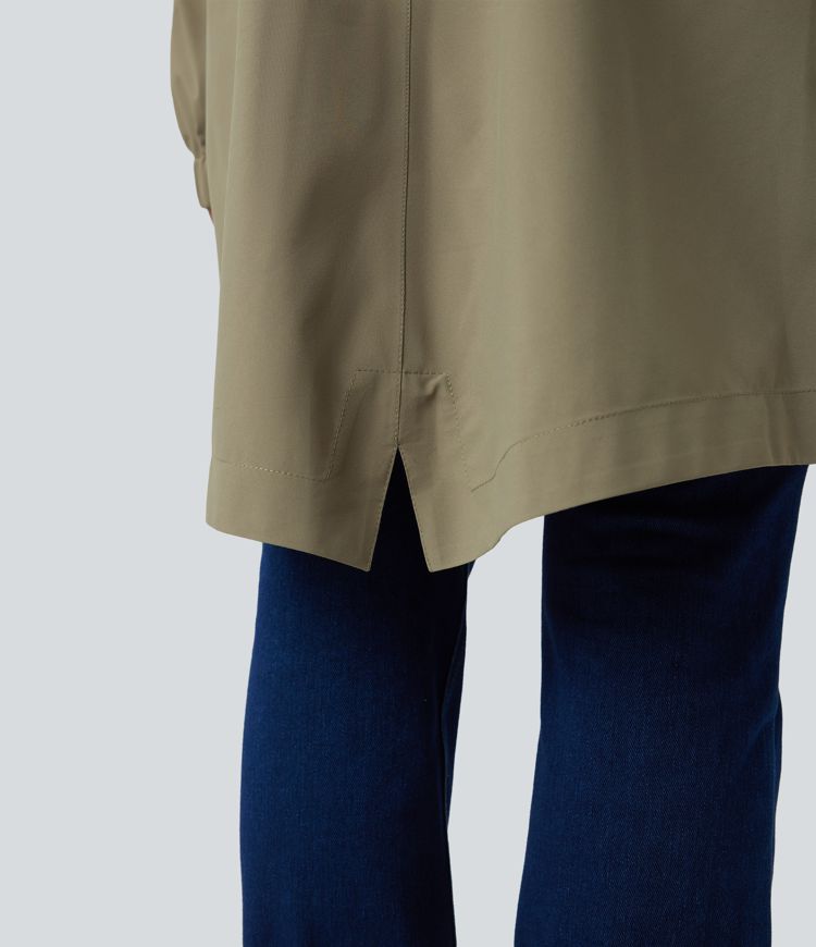 Waterproof Hooded Long Sleeve Longline Casual Jacket with Pockets