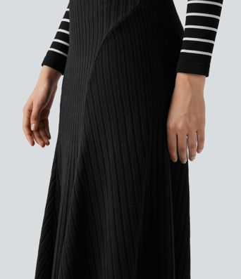 Ribbed Knit High-waisted Maxi Casual A-line Skirt