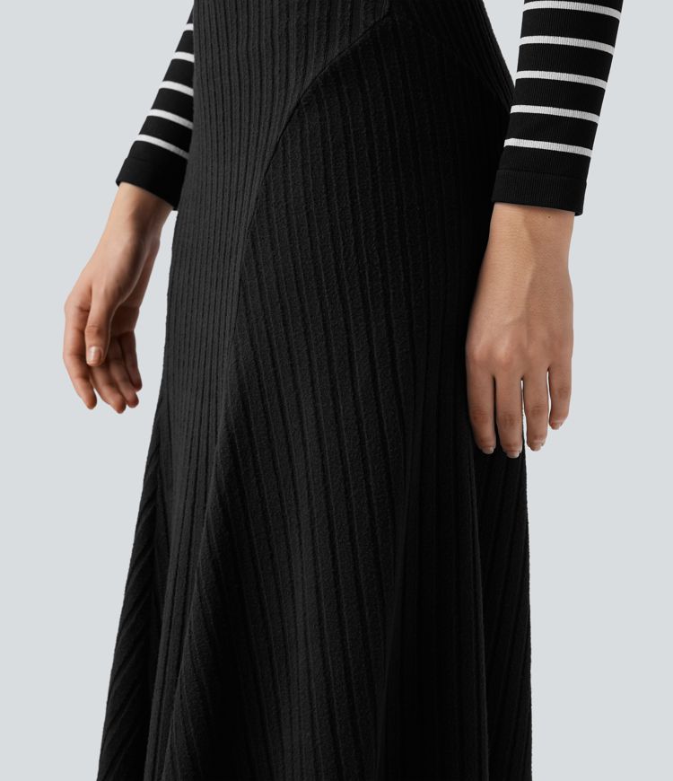 Ribbed Knit High-waisted Maxi Casual A-line Skirt