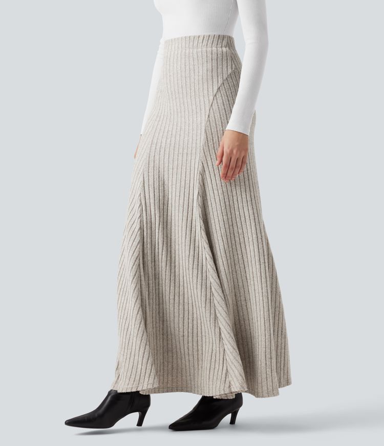Ribbed Knit High-waisted Maxi Casual A-line Skirt