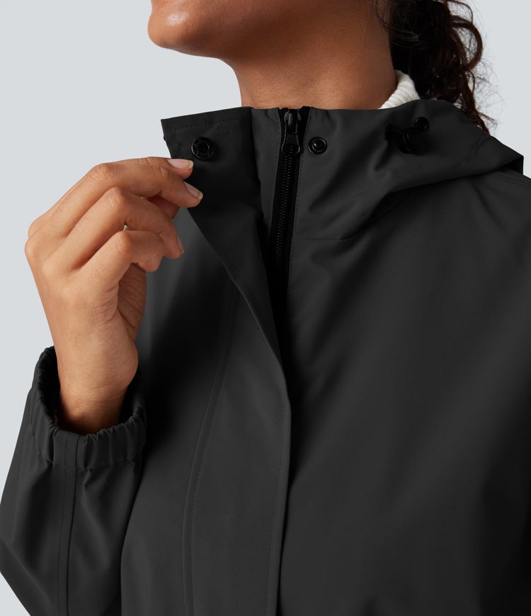 Waterproof Hooded Long Sleeve Longline Casual Jacket with Pockets