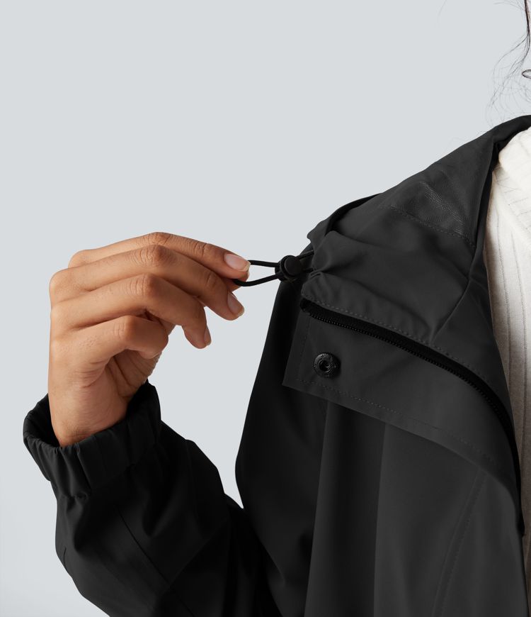 Waterproof Hooded Long Sleeve Longline Casual Jacket with Pockets