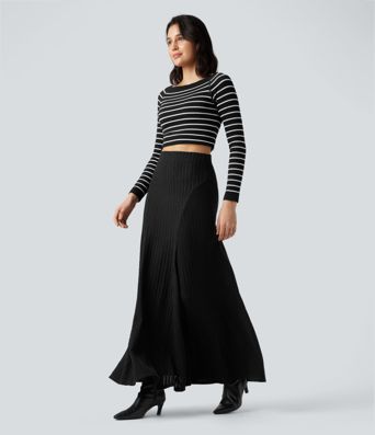 Ribbed Knit High-waisted Maxi Casual A-line Skirt