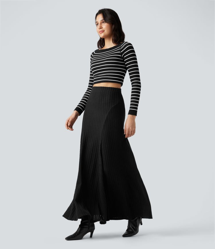 Ribbed Knit High-waisted Maxi Casual A-line Skirt