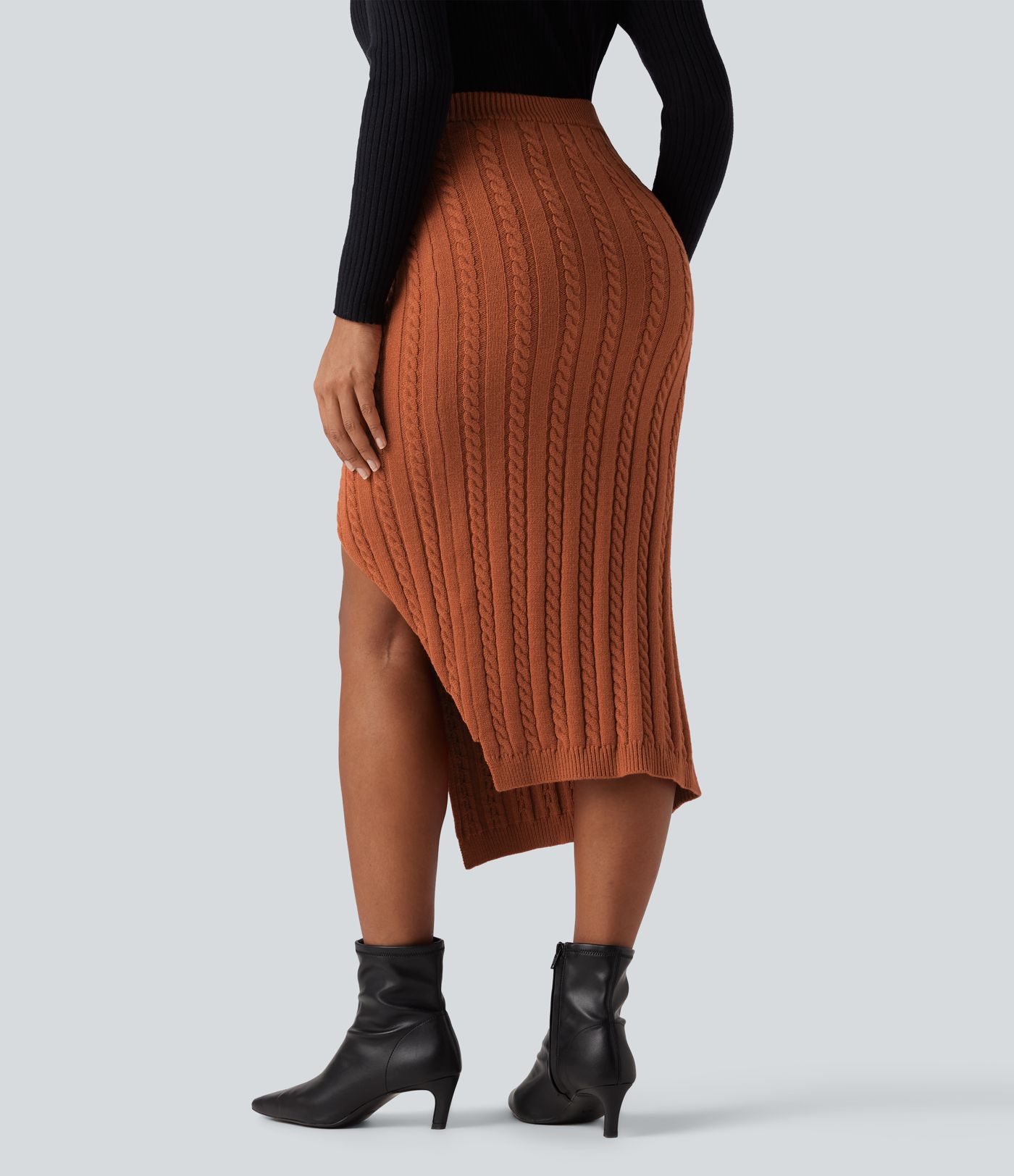 High Waisted Split Bodycon Midi Cable Knit Casual Sweater Skirt