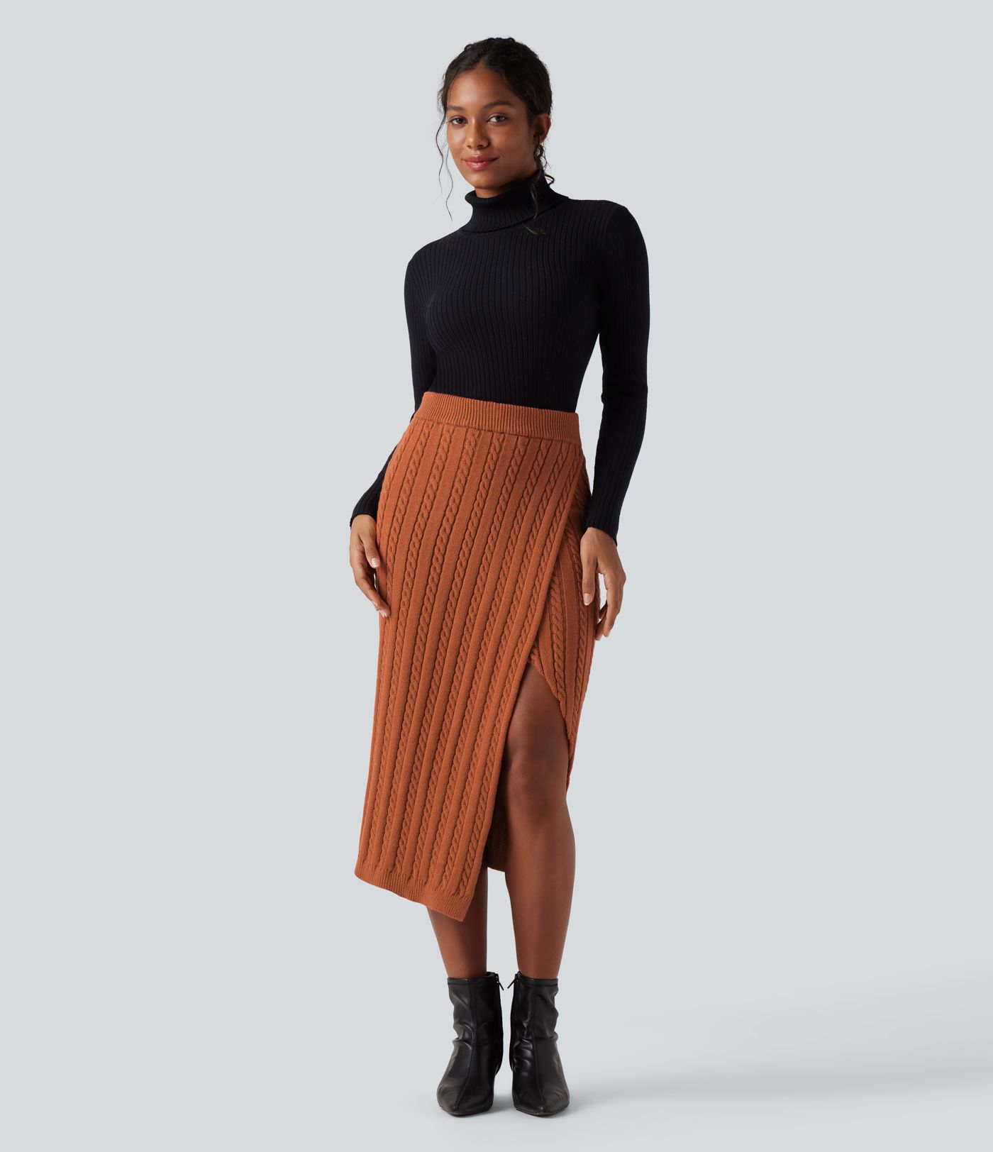 High Waisted Split Bodycon Midi Cable Knit Casual Sweater Skirt
