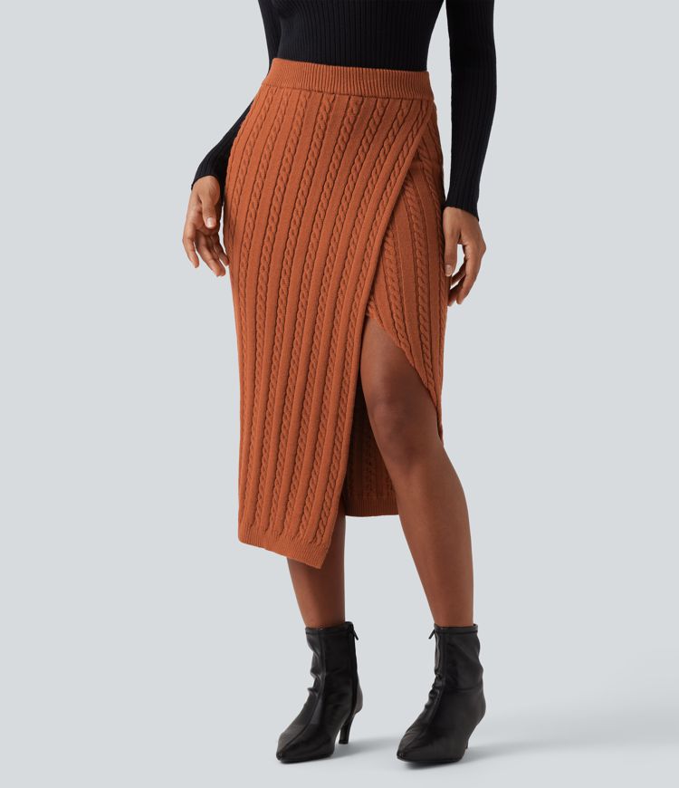 High Waisted Split Bodycon Midi Cable Knit Casual Sweater Skirt