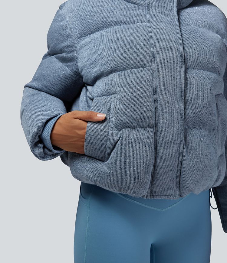 High Neck Drawstring Hem Sparkle Casual Puffer Jacket with Pockets