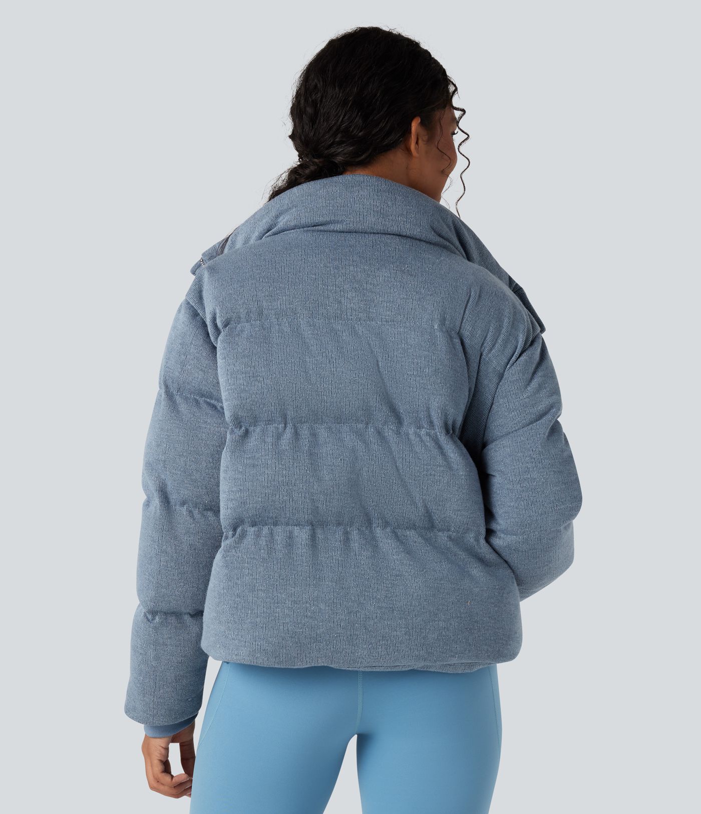 High Neck Drawstring Hem Sparkle Casual Puffer Jacket with Pockets