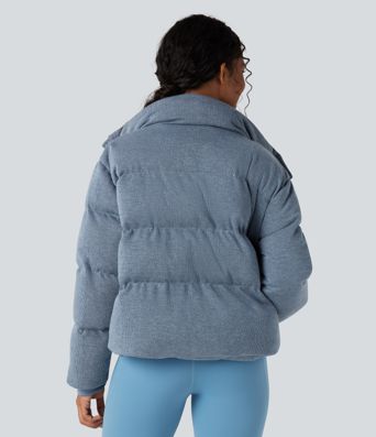 High Neck Drawstring Hem Sparkle Casual Puffer Jacket with Pockets