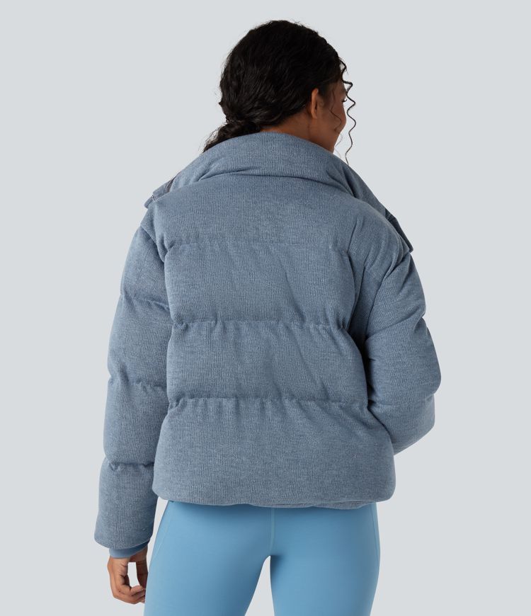 High Neck Drawstring Hem Sparkle Casual Puffer Jacket with Pockets
