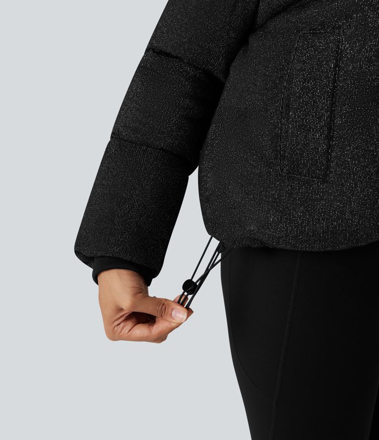 High Neck Drawstring Hem Metallic Casual Padded Jacket with Pockets