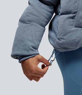 High Neck Drawstring Hem Sparkle Casual Puffer Jacket with Pockets