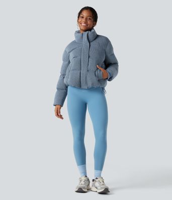 High Neck Drawstring Hem Sparkle Casual Puffer Jacket with Pockets