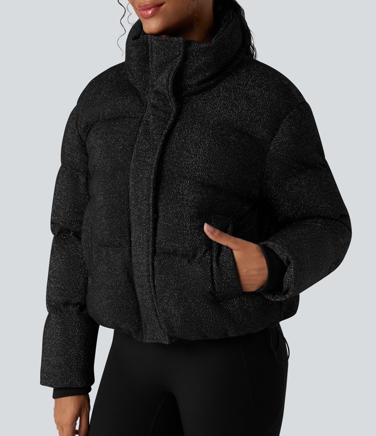 High Neck Drawstring Hem Metallic Casual Padded Jacket with Pockets