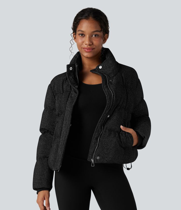 Puffer jacket with a high collar, sparkle effect, and pockets