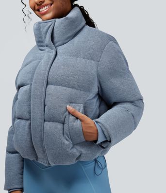 High Neck Drawstring Hem Sparkle Casual Puffer Jacket with Pockets