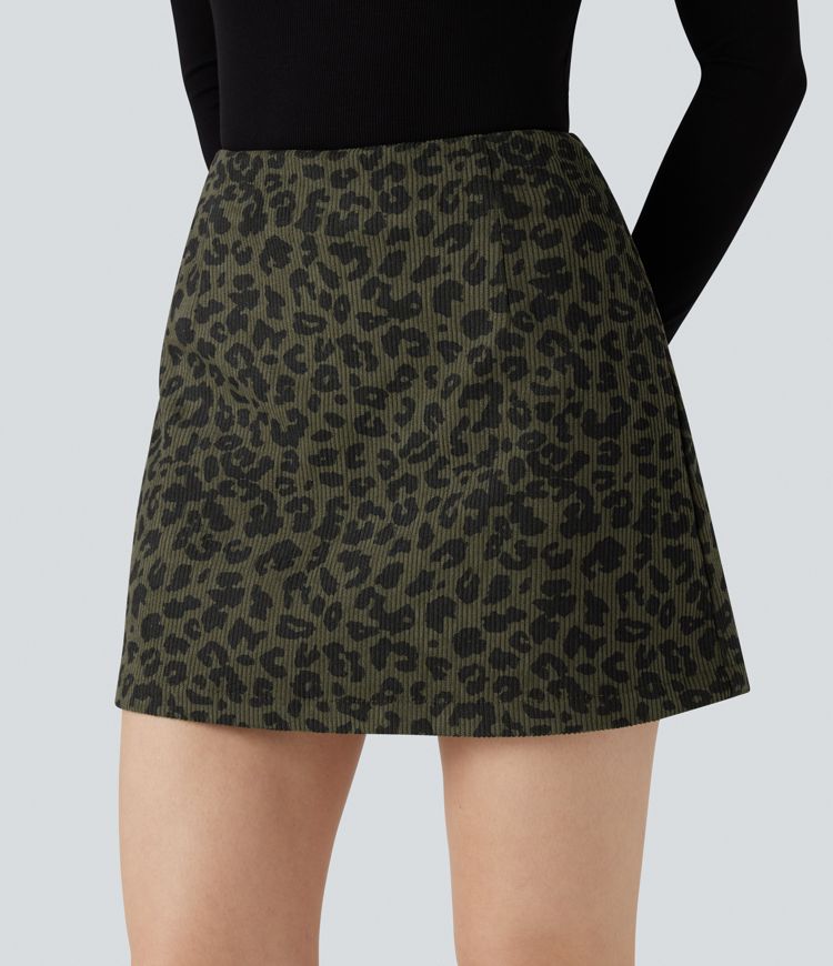 High Waisted 2-in-1 A Line Mini Leopard Print Corduroy Casual Skirt