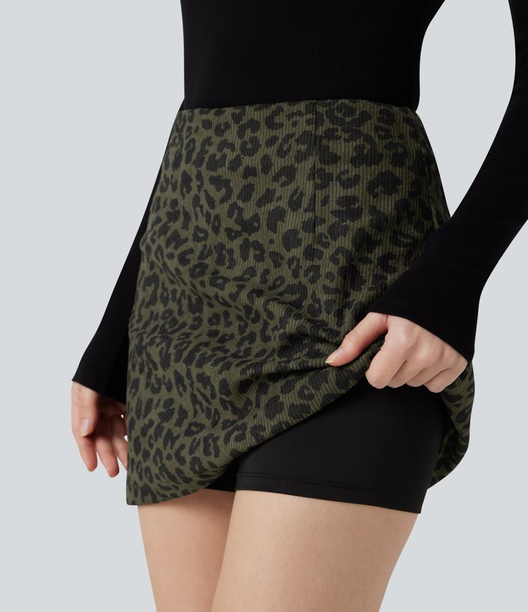 High Waisted 2-in-1 A Line Mini Leopard Print Corduroy Casual Skirt