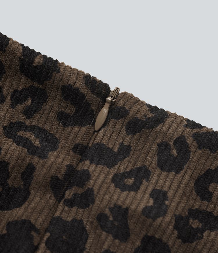 Falda mini casual de talle alto 2 en 1, corte en A, estampado de leopardo, en pana.