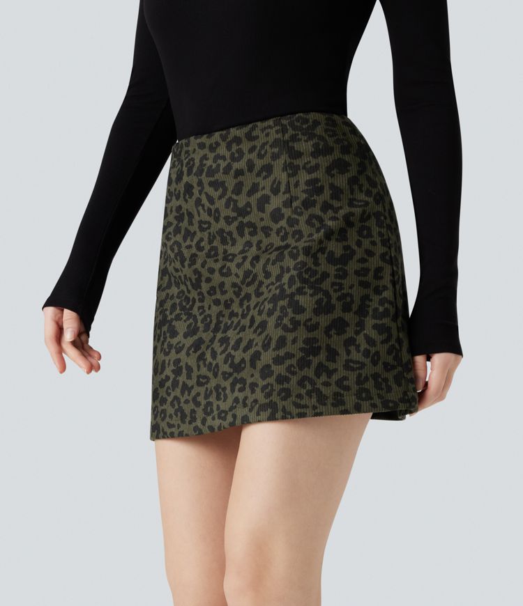 High Waisted 2-in-1 A Line Mini Leopard Print Corduroy Casual Skirt