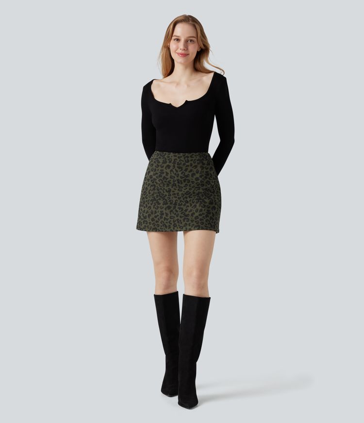 High Waisted 2-in-1 A Line Mini Leopard Print Corduroy Casual Skirt