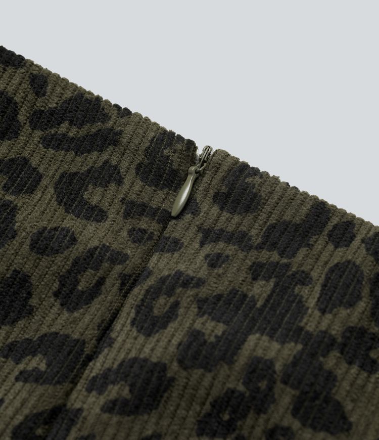 High Waisted 2-in-1 A Line Mini Leopard Print Corduroy Casual Skirt