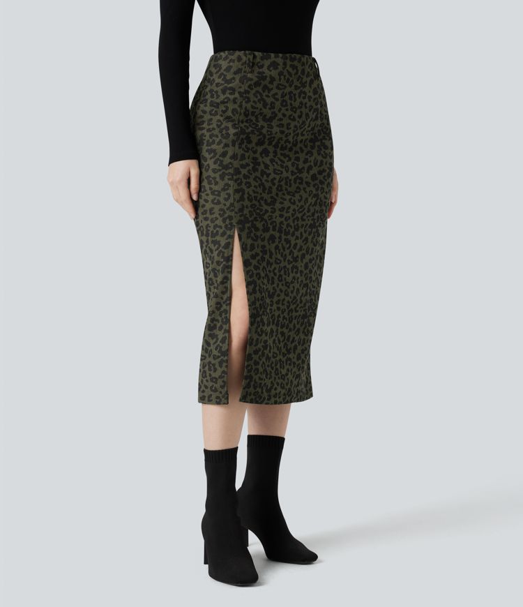 High Waisted Split Hem Midi Leopard Print Corduroy Casual Pencil Skirt