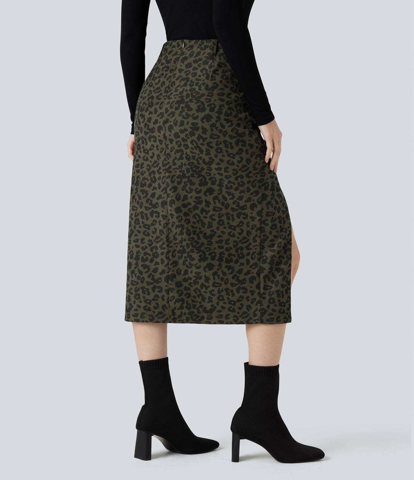 High Waisted Split Hem Midi Leopard Print Corduroy Casual Pencil Skirt