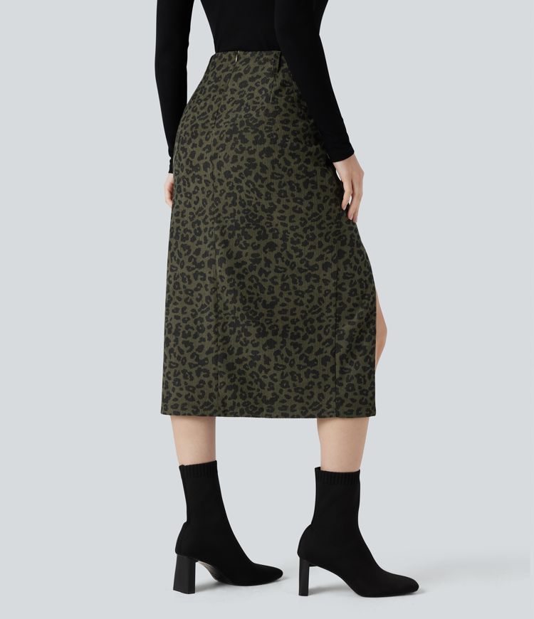 High Waisted Split Hem Midi Leopard Print Corduroy Casual Pencil Skirt