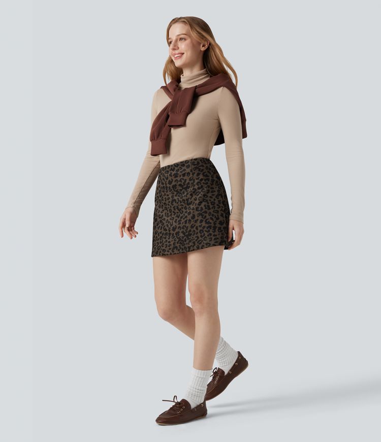 Falda mini casual de talle alto 2 en 1, corte en A, estampado de leopardo, en pana.