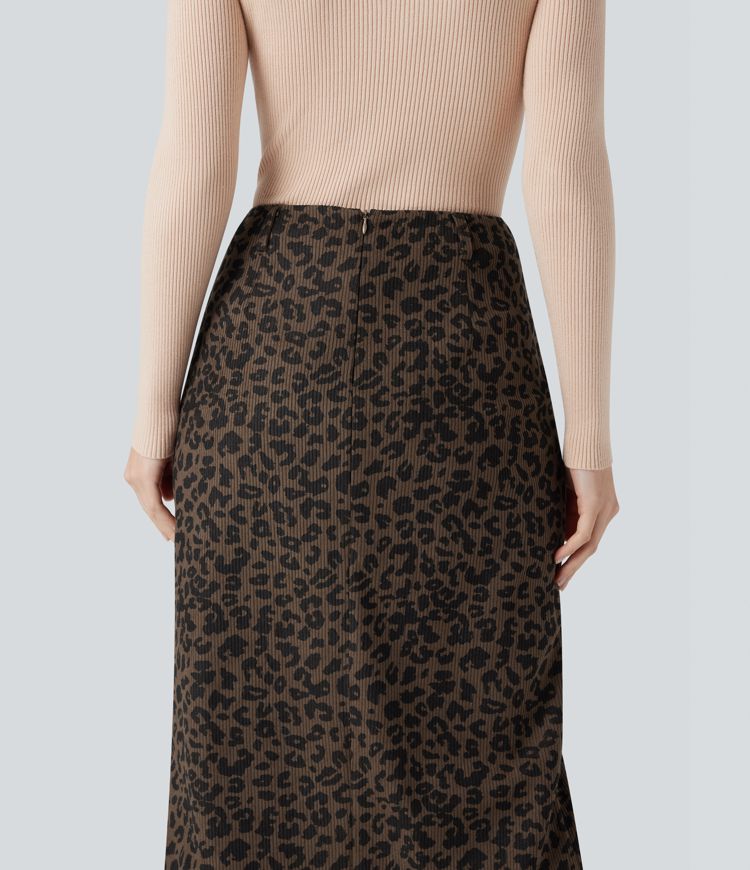 High Waisted Split Hem Midi Leopard Print Corduroy Casual Pencil Skirt