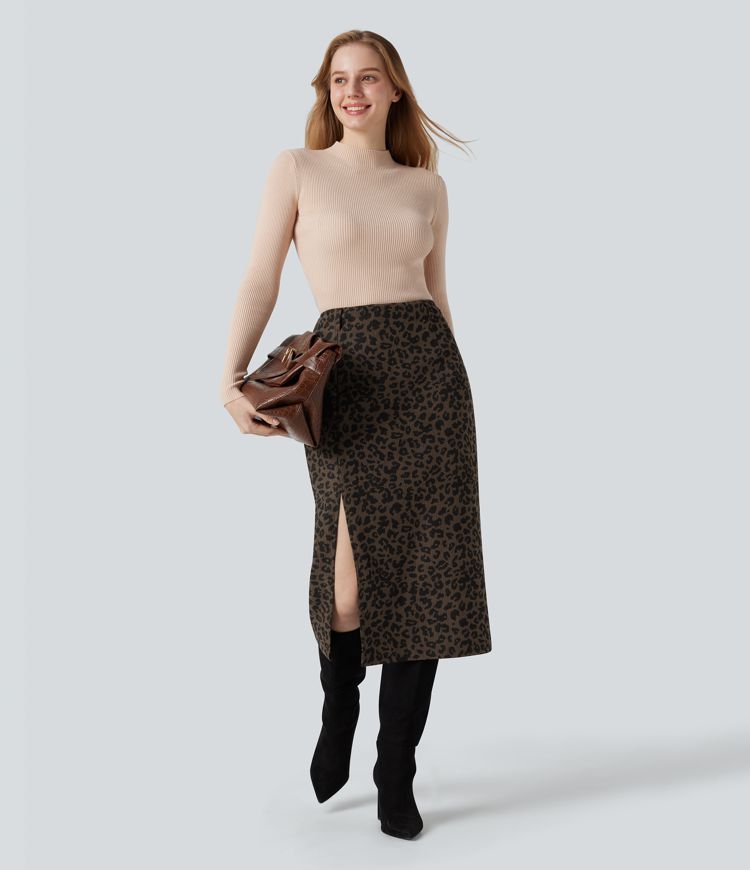 High Waisted Split Hem Midi Leopard Print Corduroy Casual Pencil Skirt
