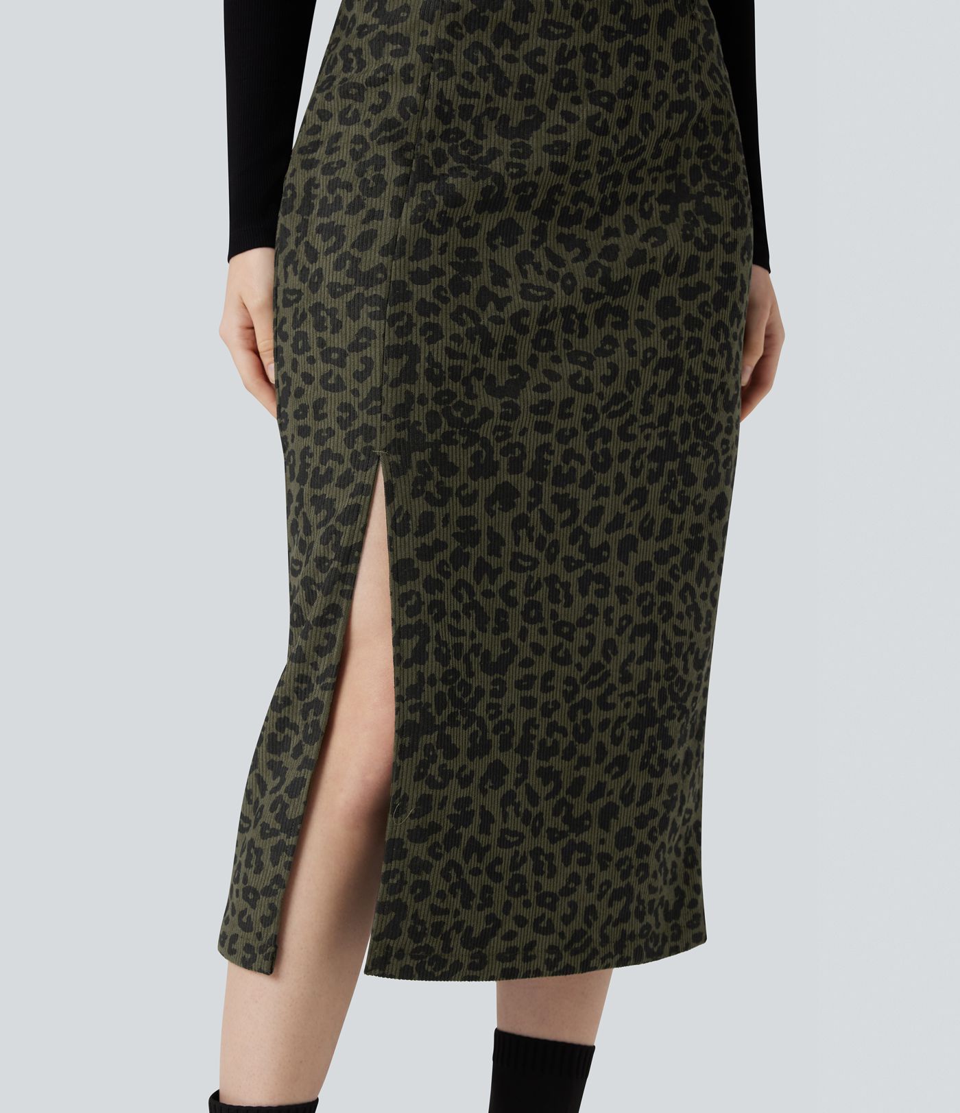 High Waisted Split Hem Midi Leopard Print Corduroy Casual Pencil Skirt