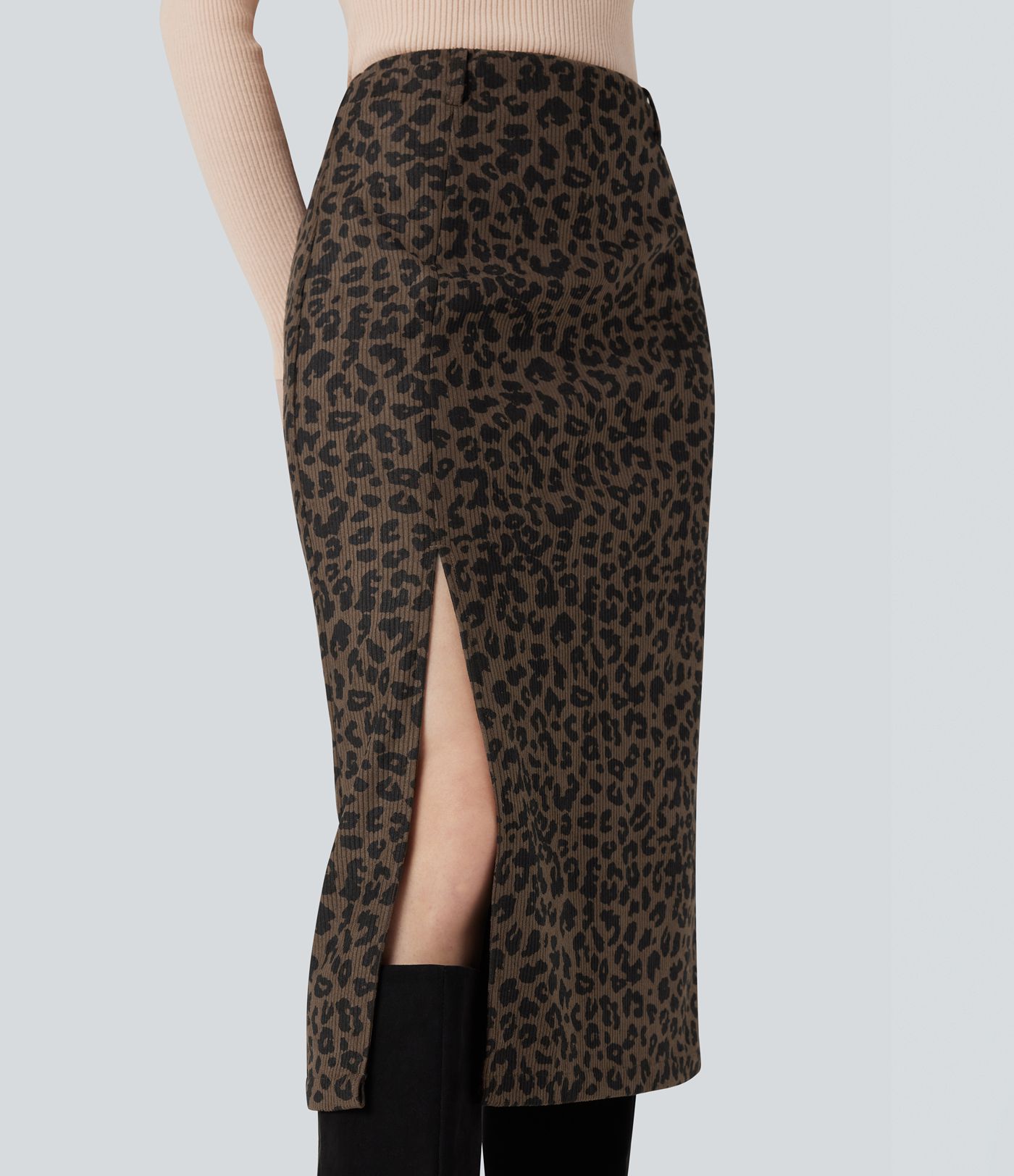 Pencil skirt mid-length split corduroy printed leopard high waist